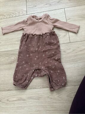 Brown Ribbed Top and Mauve Floral Muslin Baby One-Piece romper